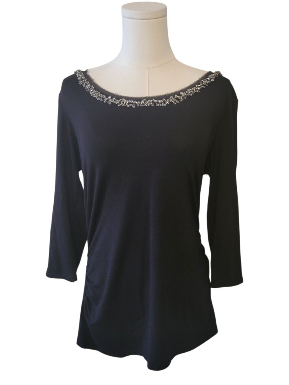 WHBM‎ Black Sequin & Bead Embellished Scoopneck Top Size Medium
